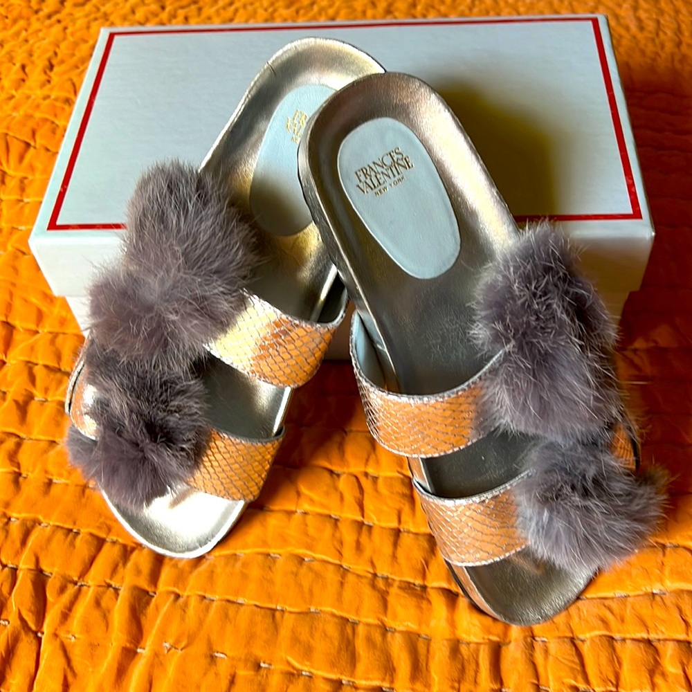 Frances Valentine Mariem Metallic Fur Slide w buckle Sandals, Original Box